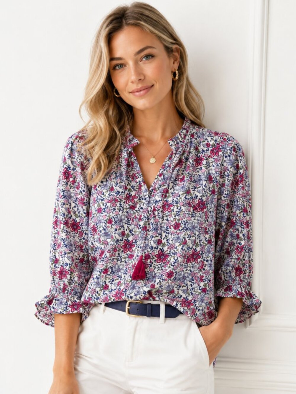 Vineyard Vines Floral Ruffle Neck Tassel Blouse Size XS